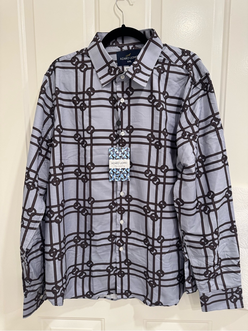Azaro Uomo Light Gray  Button-Down Shirt with Brown Grid Print